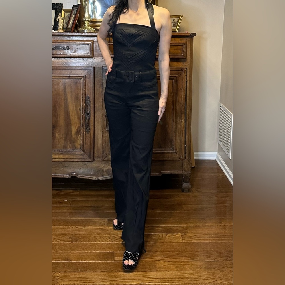 Bebe Black black linen Jumpsuit Sleek and Stylish flare leg 4